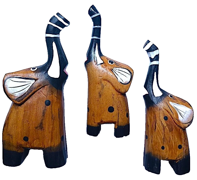 Wooden Elephants, Set of 3 Pieces, Hand Carved and Painted, 4.5" to 5" High