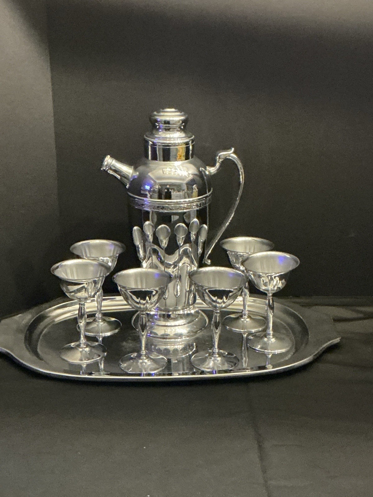 MCM STAINESS CHROME COOCKTAIL SET MARTINI SHAKER, TRAY, CUPS