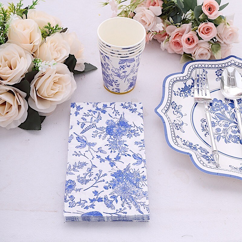 20 White Blue Floral 2 Ply Paper Disposable Dinner Napkins Party Decorations
