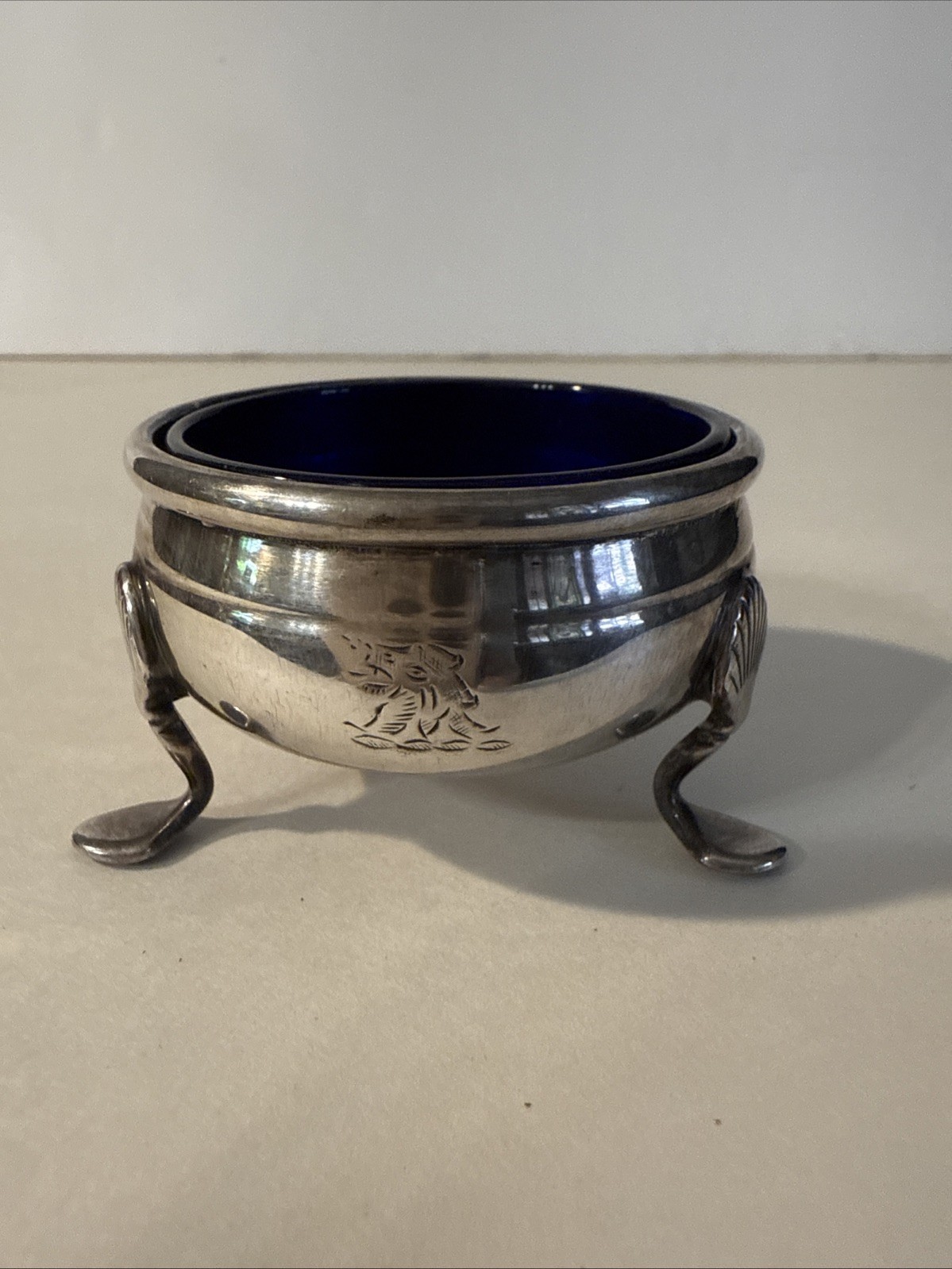 ANTIQUE SILVER PLATE SALT CELLAR WITH COBALT GLASS LINER-ENGLISH HALLMARKS