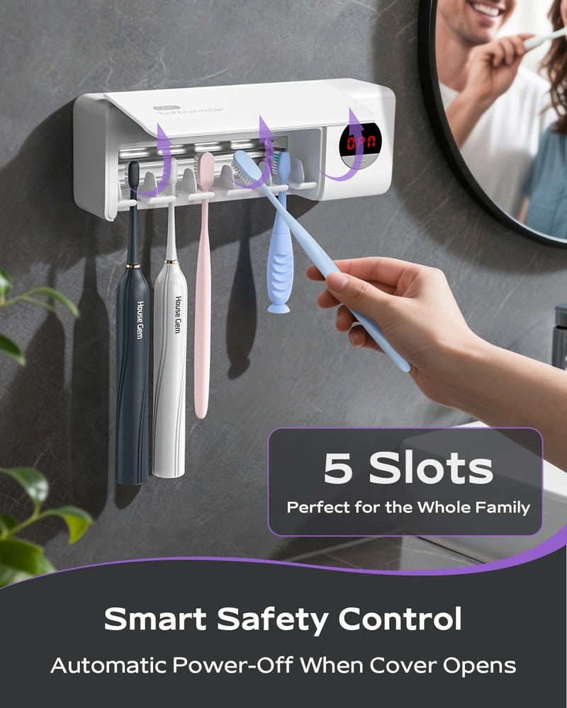 HouseGem Toothbrush Holder, Timer Function, 2000mAh Rechargeable Cordless Wal...