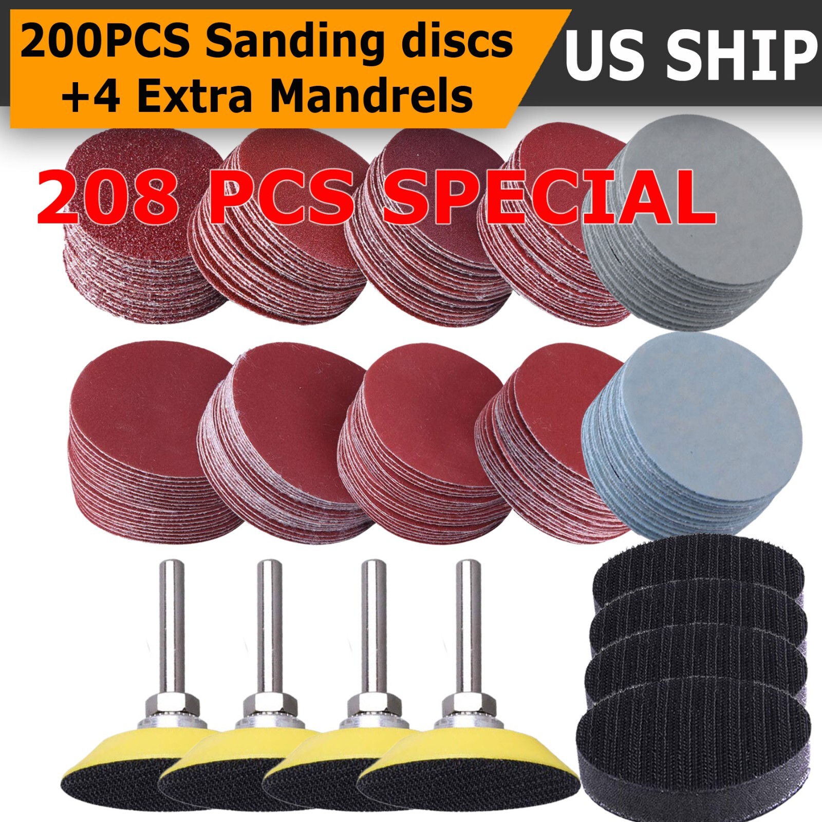 200x Sanding Discs 2" Sanding Disc Sand paper Hook Loop Sander M6 Drill Adapter