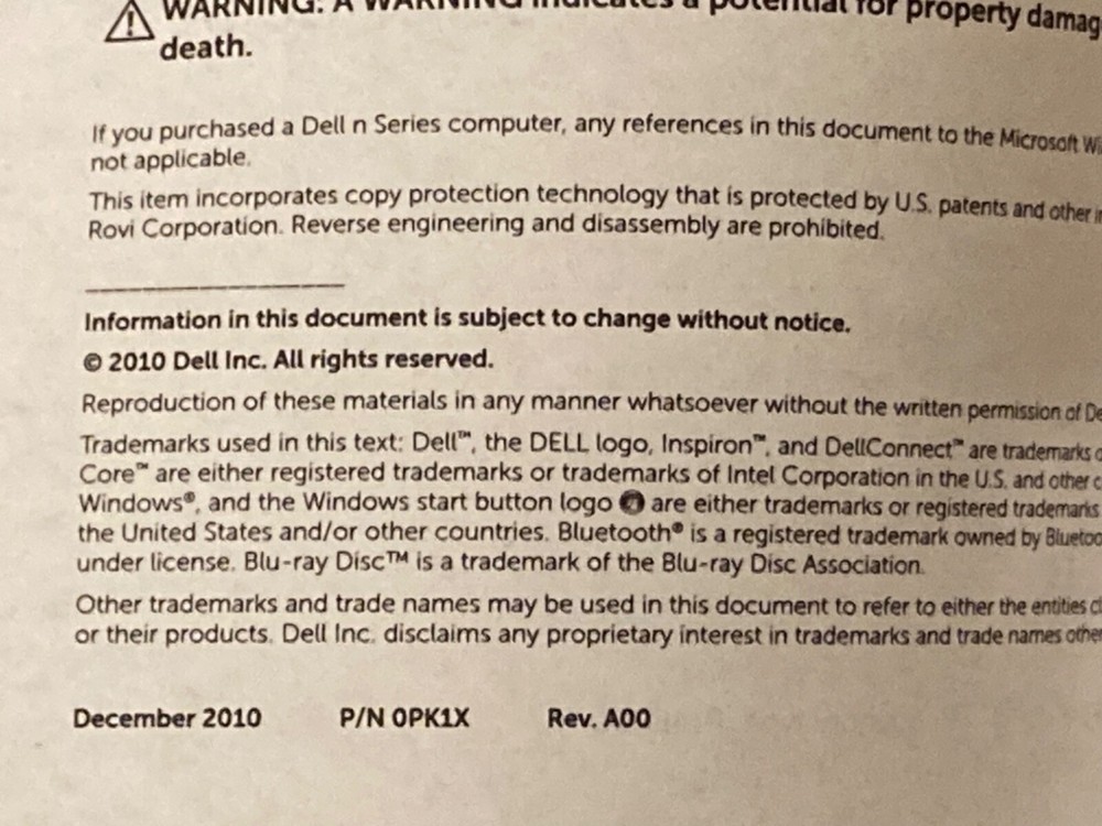 Dell Inspiron Laptop Setup Guide (2010) & Documentation