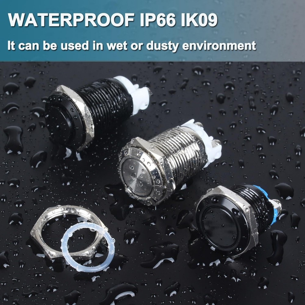 2-Pack 16mm Metal Momentary Push Button Switch Black Momentary Flat Head