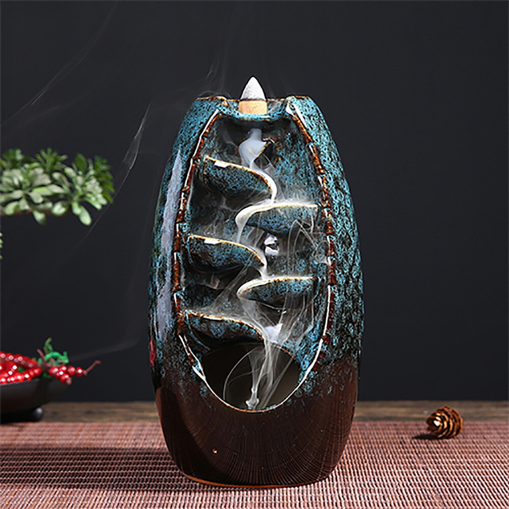 Ceramic Backflow Incense Burner Holder Glaze Waterfall & Incense Cones Gift