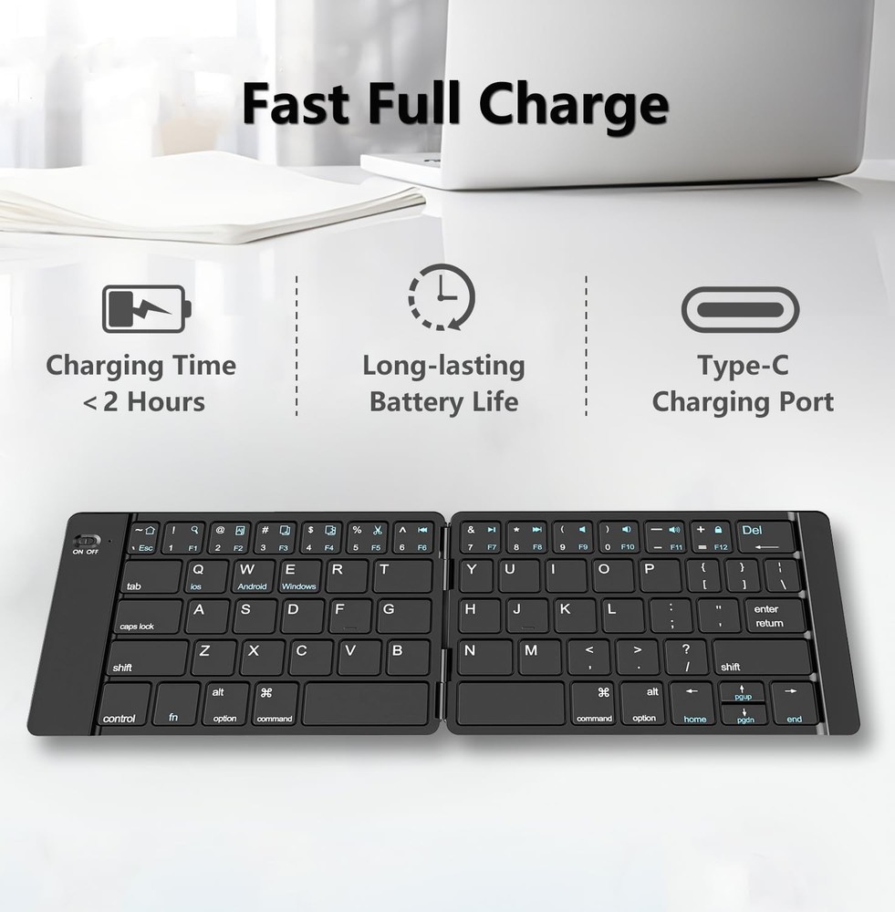 Foldable Bluetooth Keyboard Rechargeable Full Size Ultra Slim Storage Bag