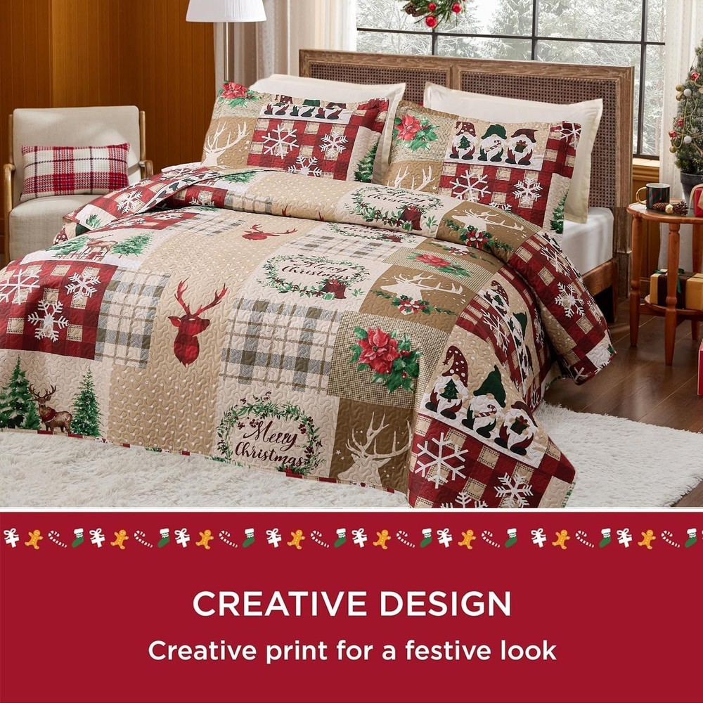 3-Piece Christmas Quilt Set Queen - Luxurious Microfiber with Patchwork Charm