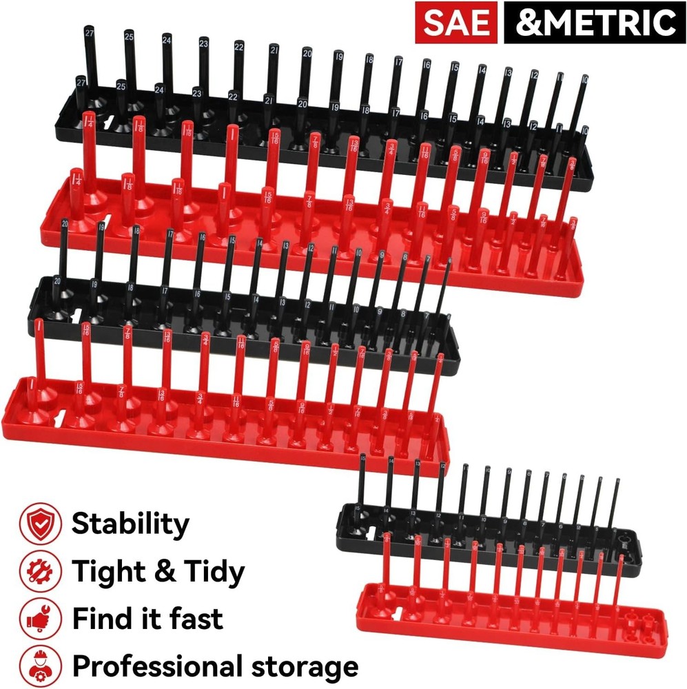 6PCS Socket Organizer Tray Set, Red SAE & Black Metric Socket Storage Trays, ...