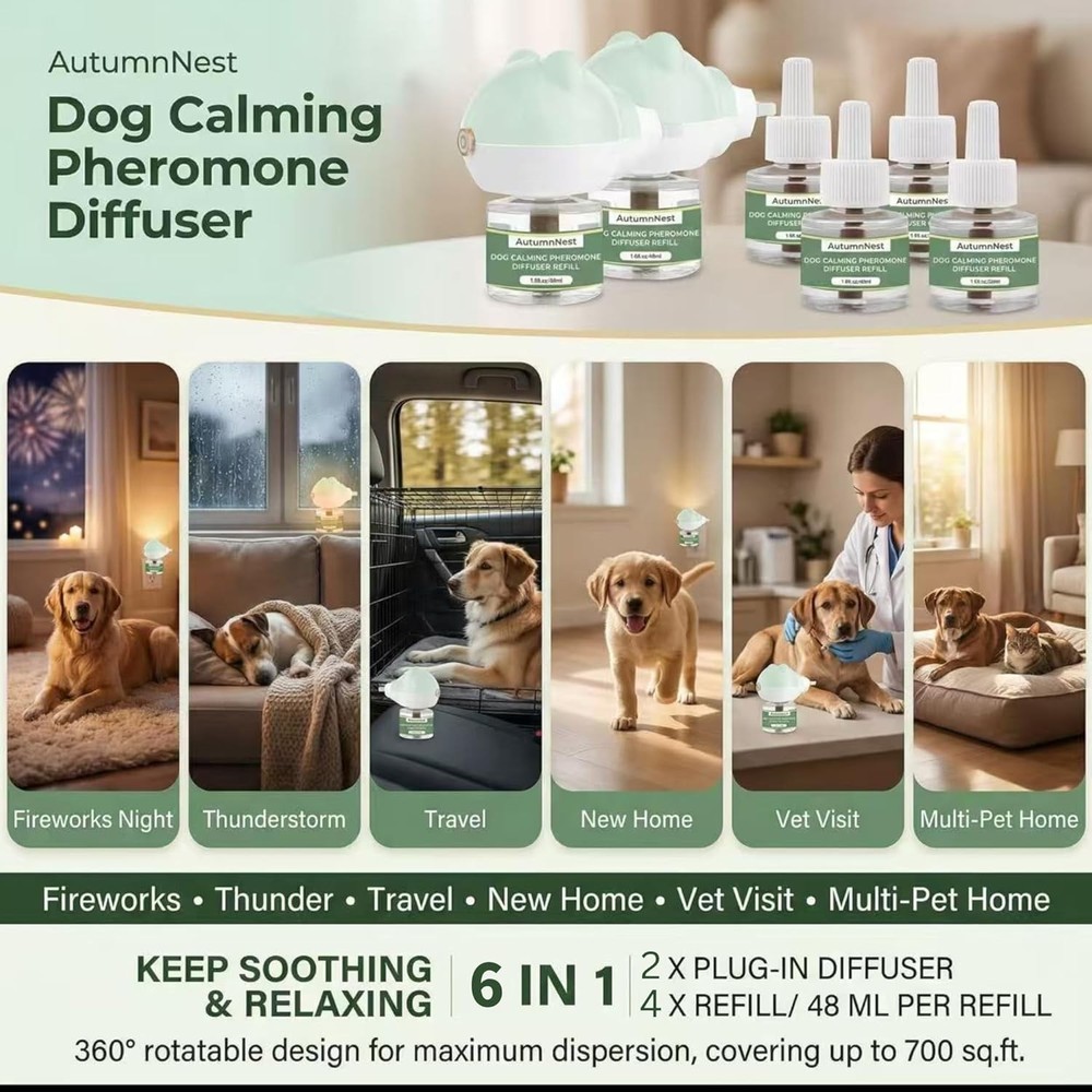 Dog Pheromone Calming Diffuser Kit, Pet Diffuser Kit (2 Plug-in + 4 Packs 48m...