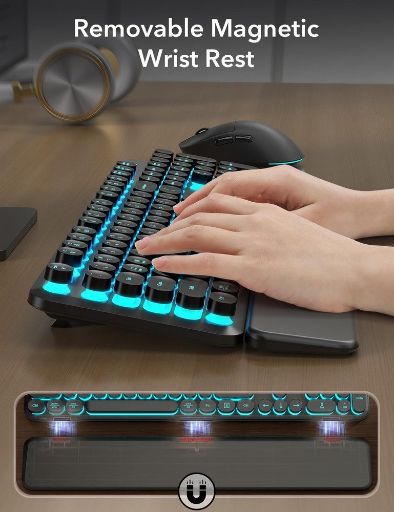 Wireless Keyboard and Mouse Backlit - Typewriter Keyboard with Magnetic Wrist...