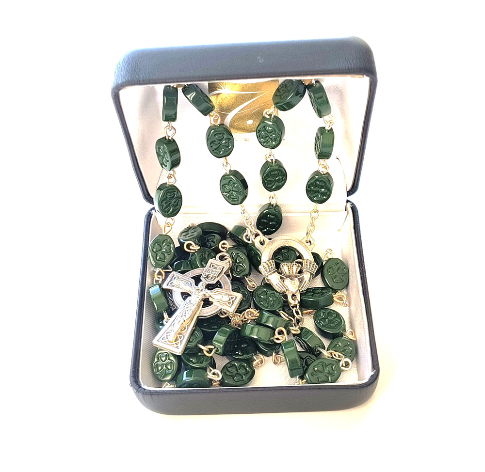 Irish Claddagh Rosary Green Shamrock Beads Celtic Crucifix Gift Boxed Catholic