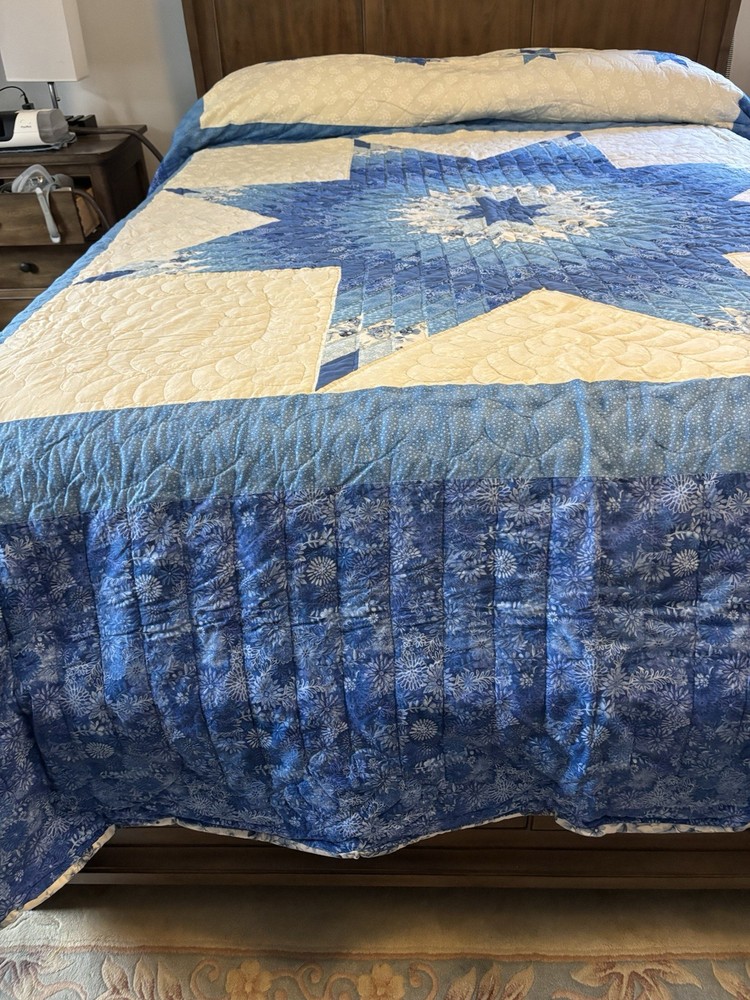 Handmade Patchwork Star Pattern Blue Queen Size Cotton Quilt