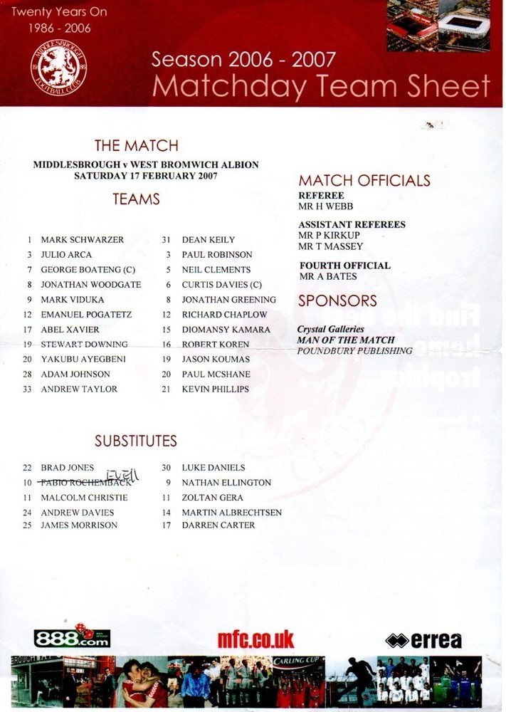 Team Sheet - Middlesbrough v West Brom 17.2.2007