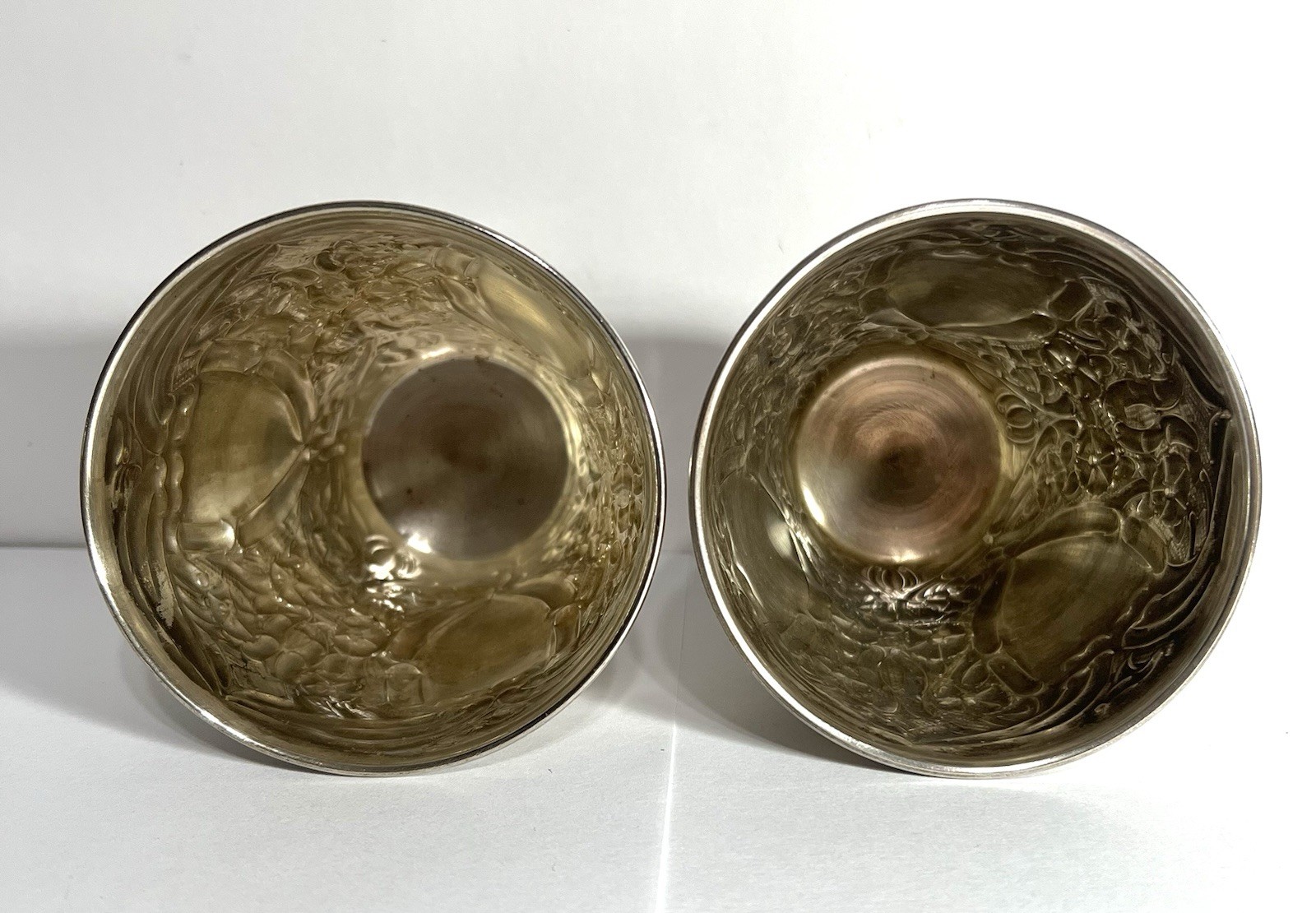 Vintage Silverplate Embossed Goblet Tumblers Vases - TWO’S COMPANY - 4” Tall