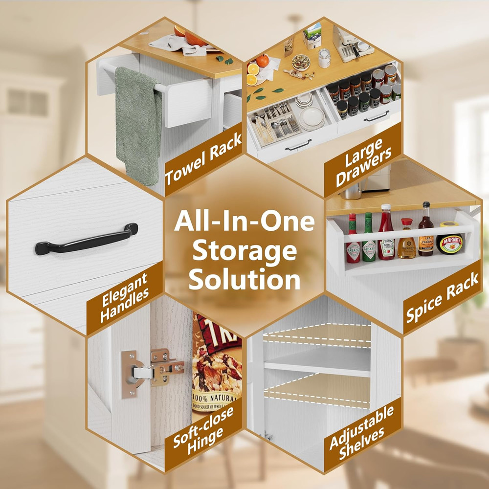 Rolling Kitchen Island Cart with Trash Can, Drop Leaf & Storage - White