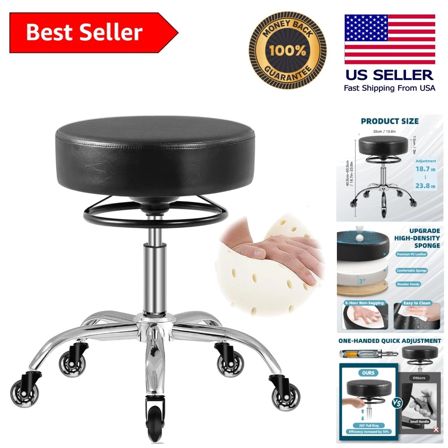 PU Leather Rolling Stool - 400lbs Capacity, Perfect for Tattoo & Beauty Studios
