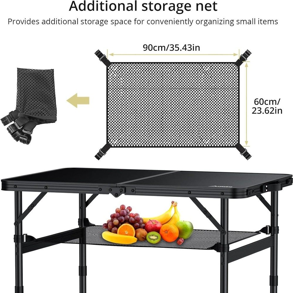 Folding Camping Table, 36" x 24" Portable Table Adjustable Height Max 28 inch