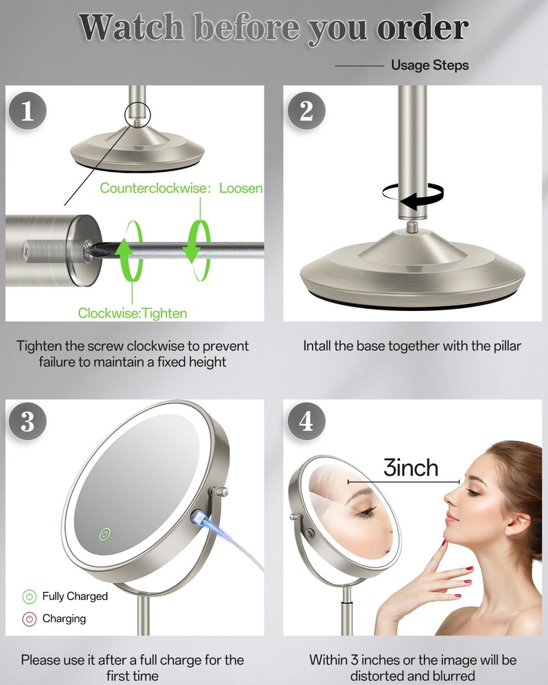 Makeup Mirror with Lights, 1X/30X Lighted Magnifying Mirror Height Adjustable...