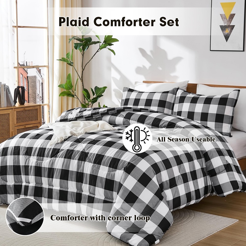 Anrenoti Black White Gray Grid Comforter Set, 3 Pieces King,