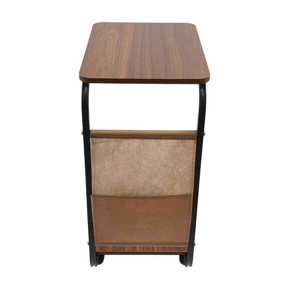 2 Tiers Coffee Table C-Shaped Side Table Brown End Table W/ Cloth Bag & 4 Wheels