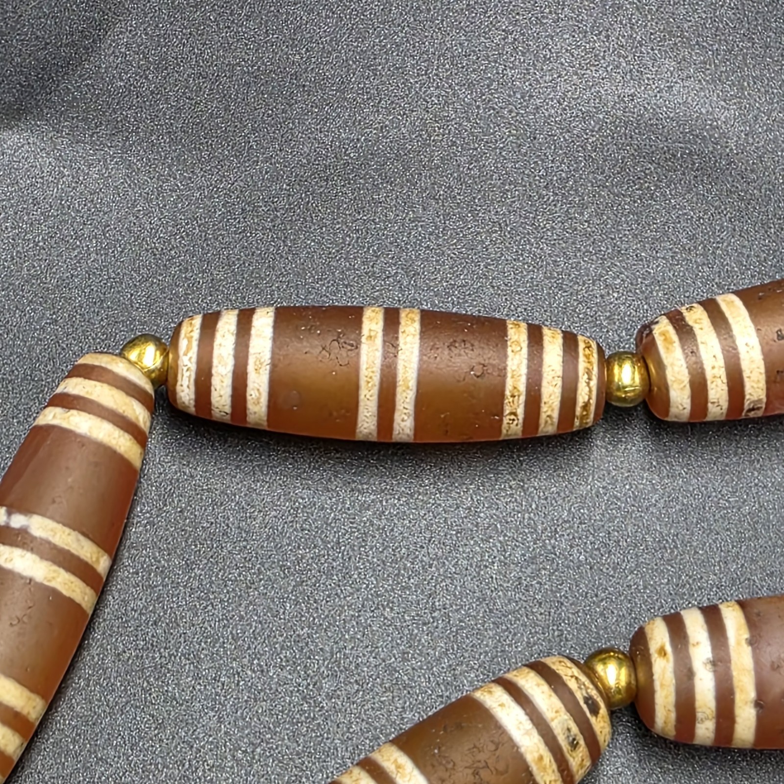 Antique Etched Carnelian Decorated Agate Beads Necklace.