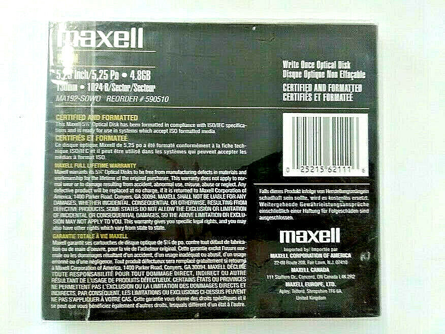 Maxell 4.8GB 5.25" Write Once Optical Disk 1024 B/Sector, ISO/IEC Formatted