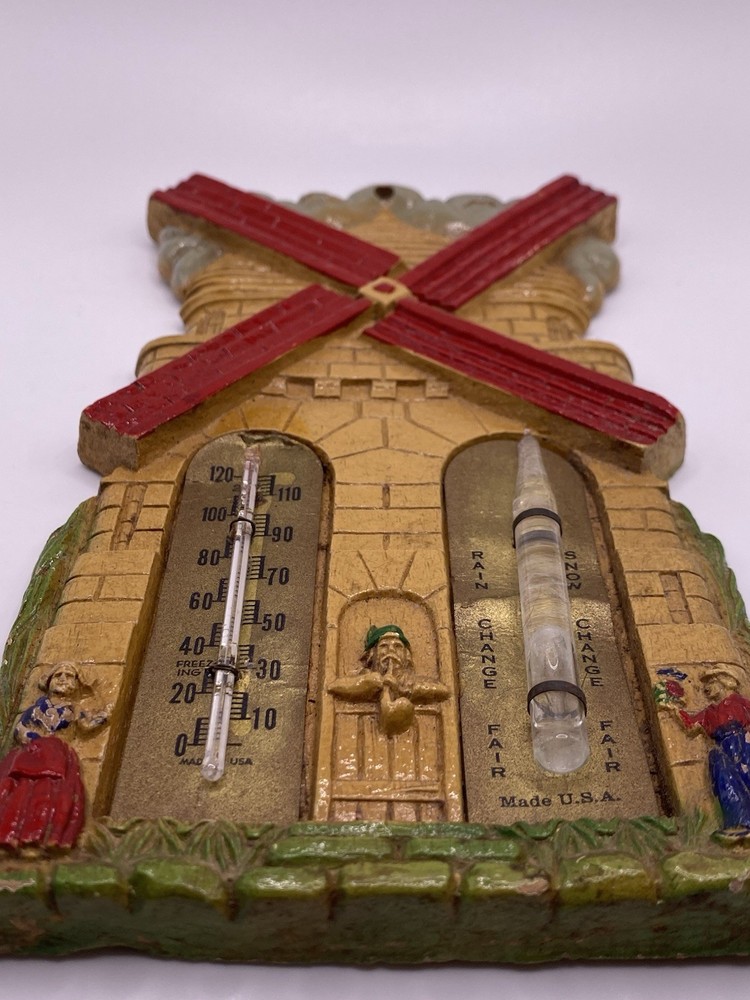 Vintage Thermometer Barometer Dutch Windmill Plastic