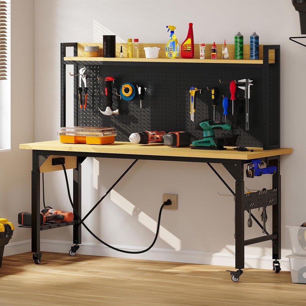 60 Inch Adjustable Workbench Rolling Pegboard Garage Table