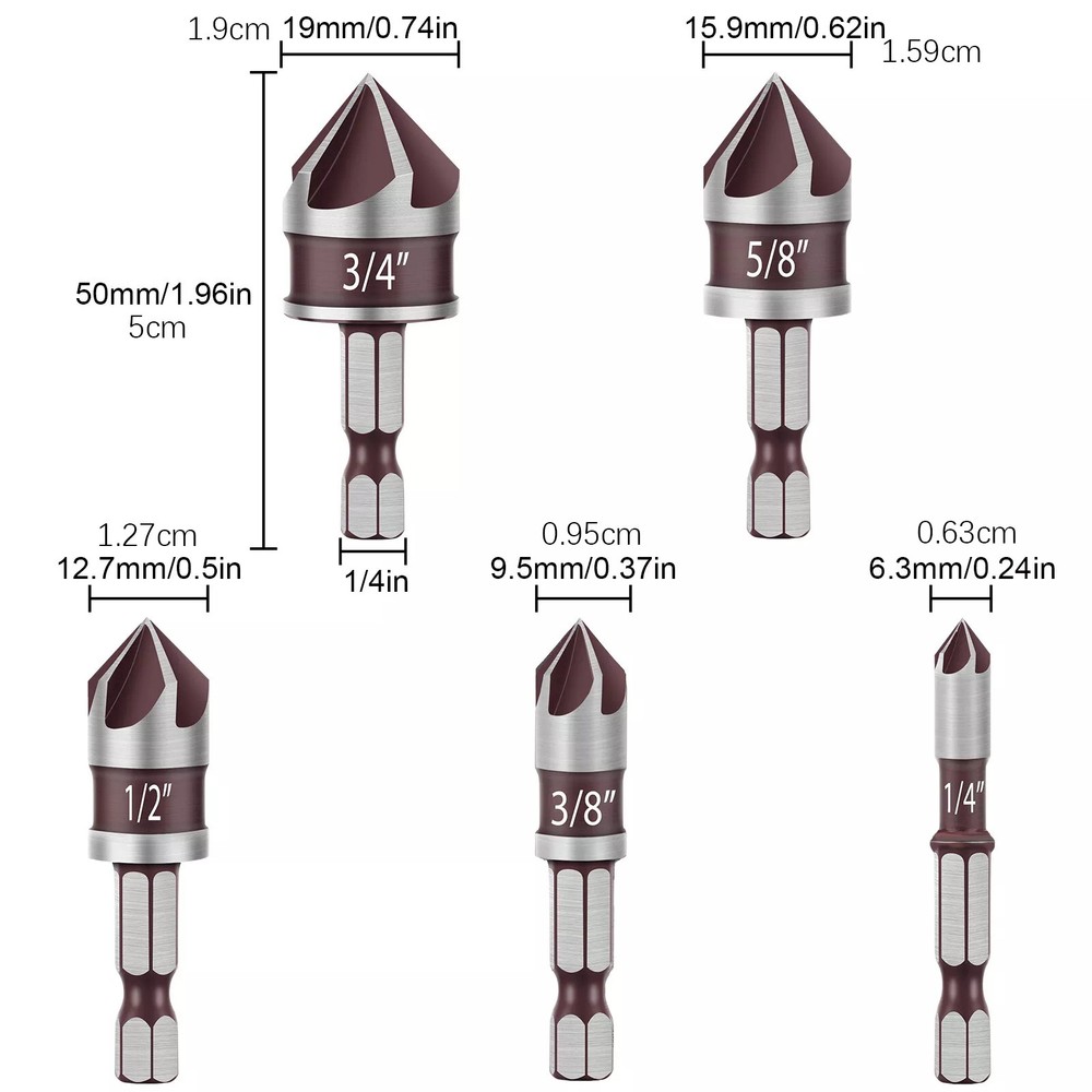 5pcs HSS Cobalt 82° Drill Bits, 5-Flute Deburring Set with 1/4"-3/4" Assorted