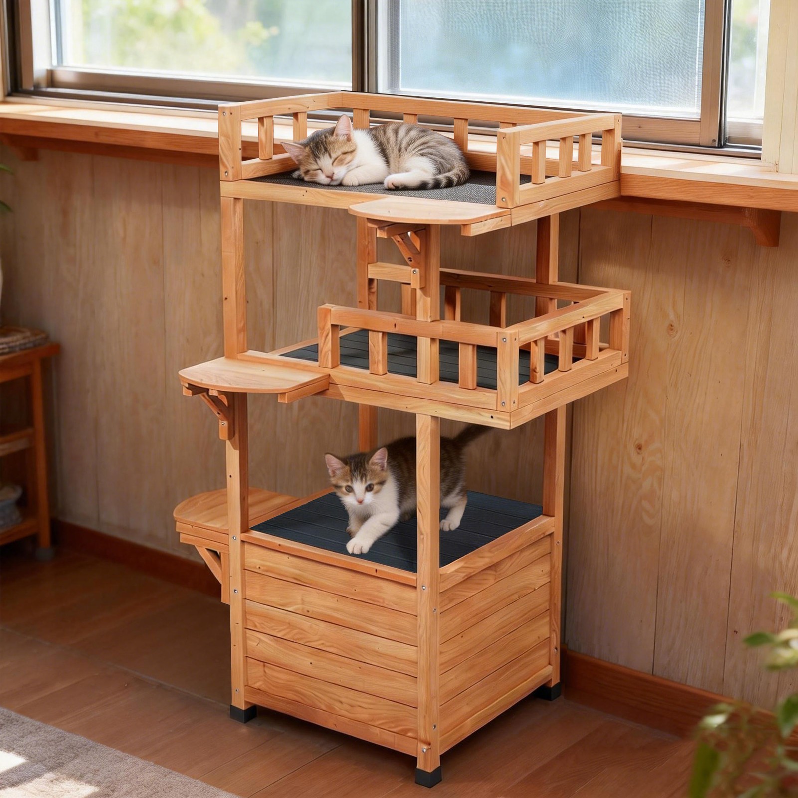 Modern Cat Tree Tower for Large Cats wooden Luxury Cat Condo Wood Feral House