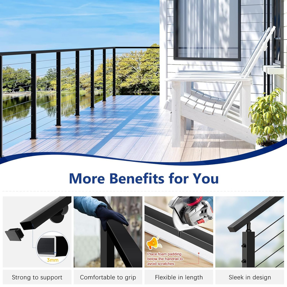 8FT Rust-Resistant Aluminum Black Handrail for Decks - DIY Cable Railing System