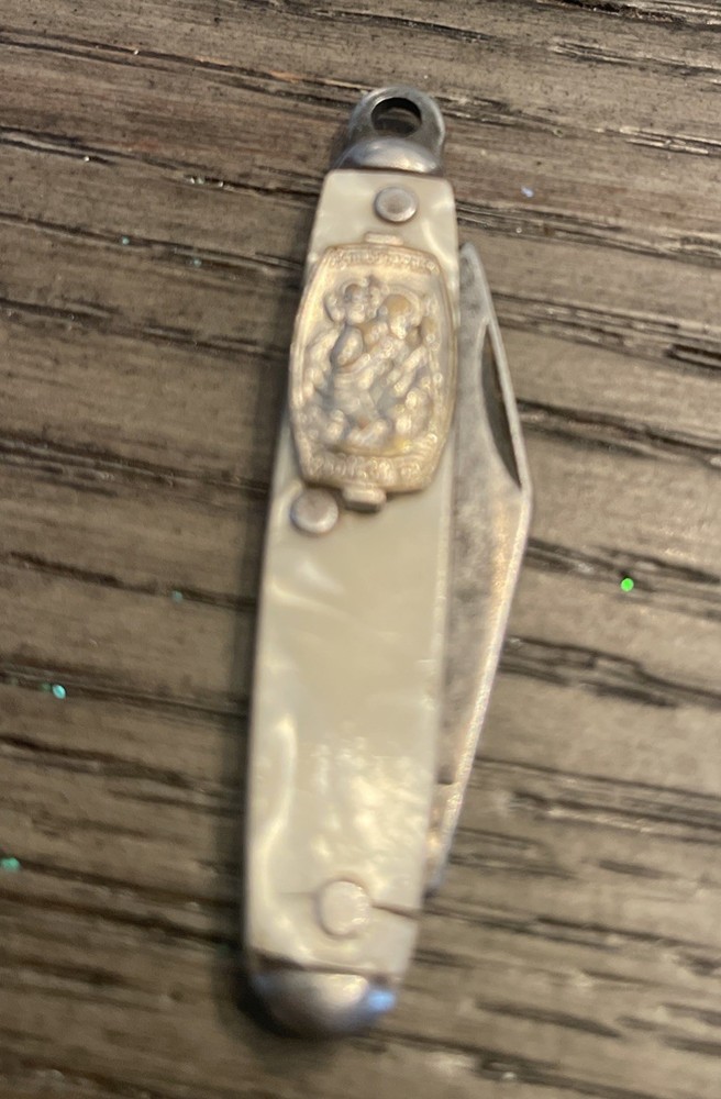 Vintage Silver St. Christopher Protect Us Pocket Knife Shell Pearl Handle