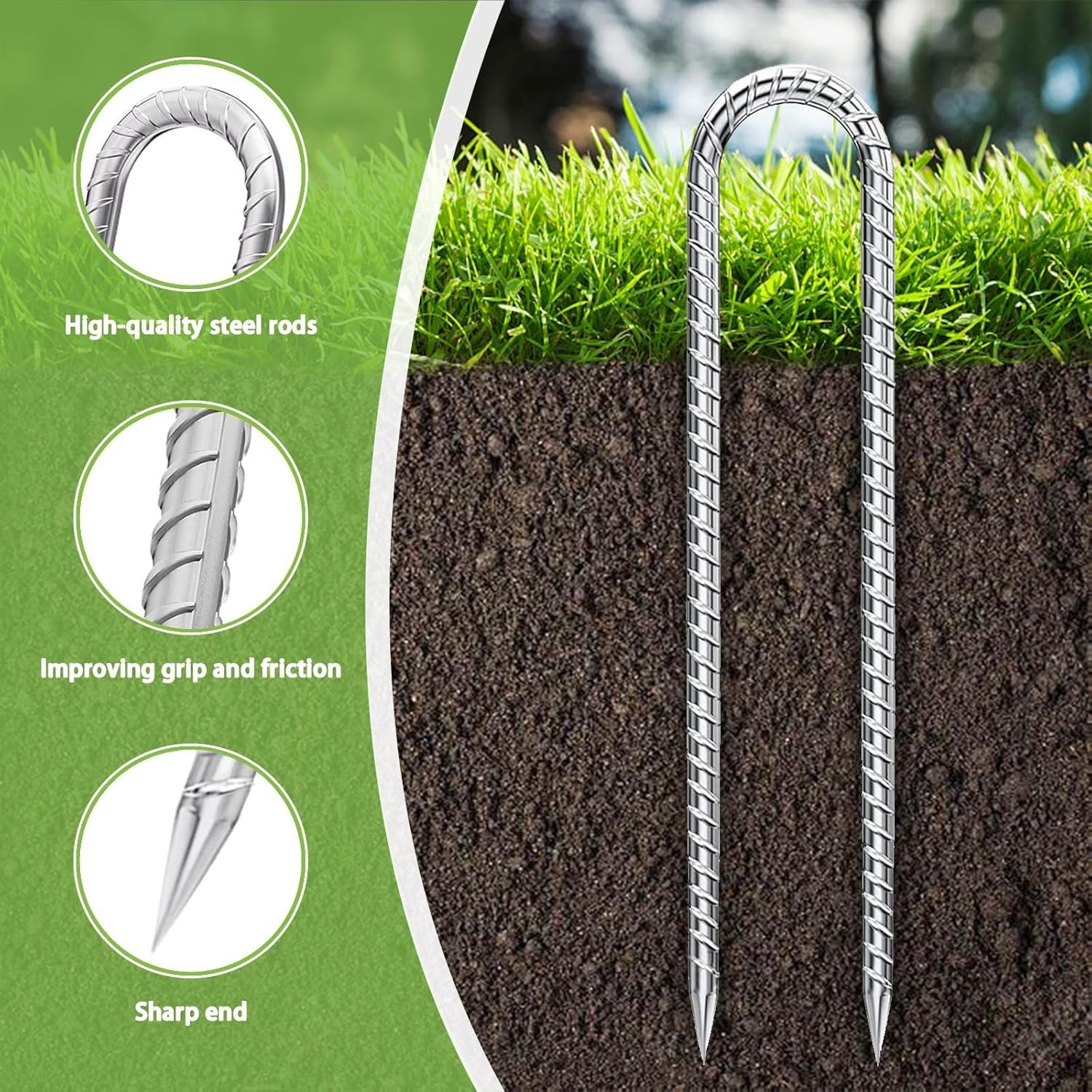 4 Pack 12" Inch Rebar Stakes, U Hook Galvanized Trampoline Stakes Ground Anchors