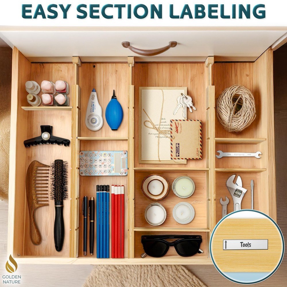 Bamboo Drawer Organizer - with Inserts & Labels, 17-22" - Adjustable Spring L...