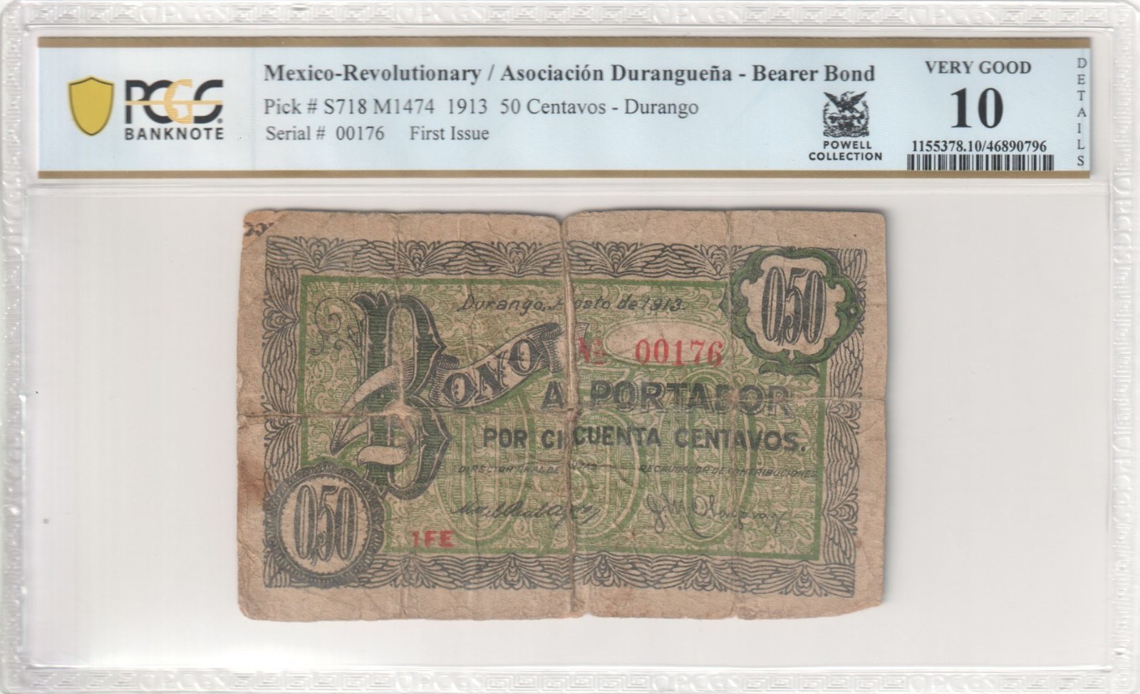 M1474 Mexico Revolution Durango 50 Centavos 1913 P S718 PCGS 10 Scarce Low S/N