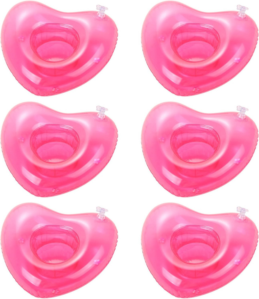 6 Pack Inflatable Pink Heart Drink Holder, Drink Floaties Floating Drink Hol...