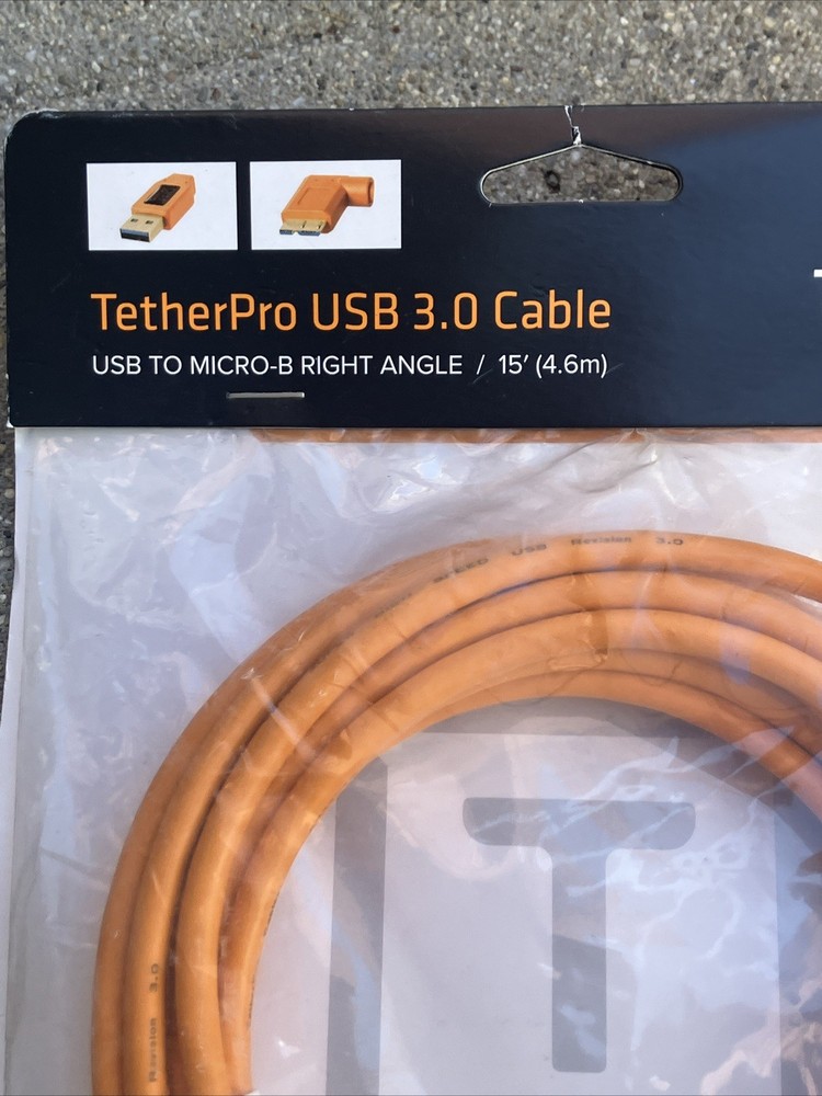 Used Tether Tools TetherPro USB to 3.0 Micro-B Right Angle Cable, 15', Orange