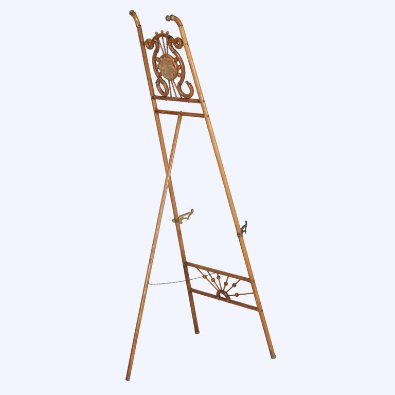 Victorian Oak Stick & Ball Adjustable Easel With Mirror & Brass Caps c1910