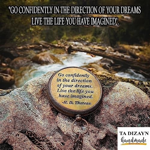 Solid Brass Thoreau's Go Confidently Quote Engraved Compass with Wooden Box,