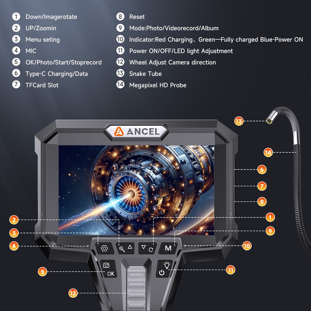 ANCEL AN301 Articulating Snake Borescope Endoscope Camera with 6 LED Light 5FT