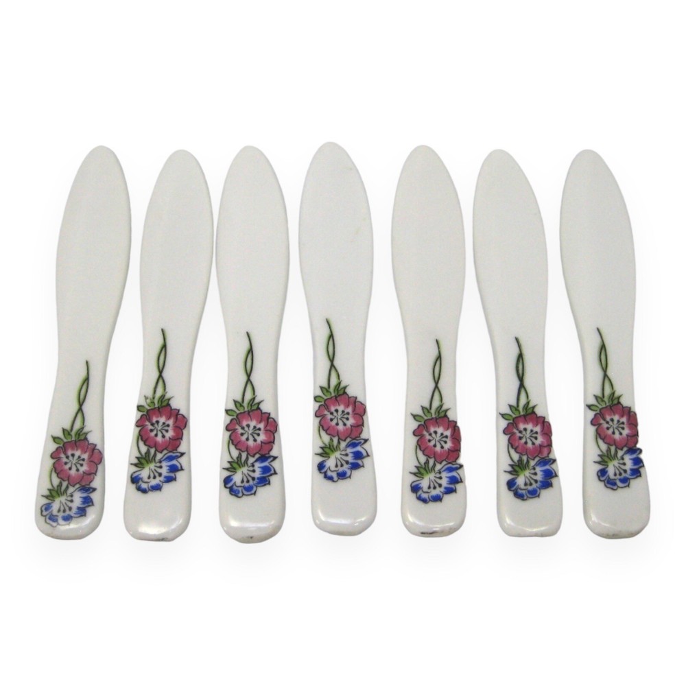 White Porcelain Spreader Knives Flower Handle Flatware 7Pc