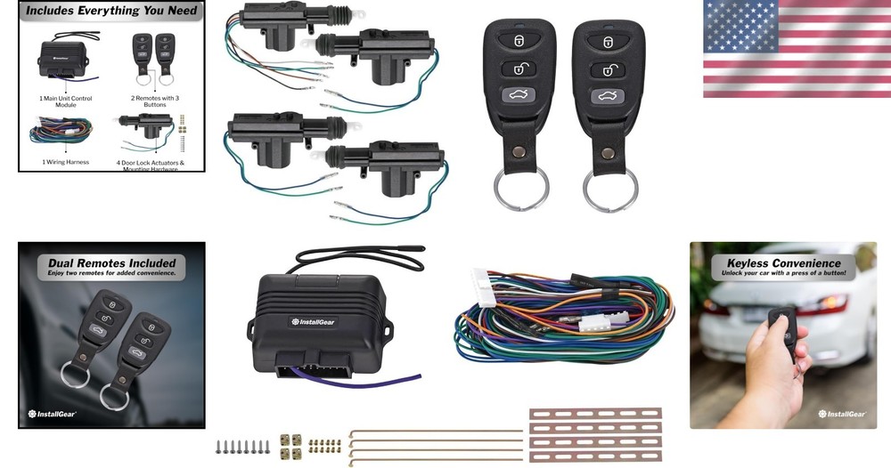 Keyless Entry Car Kit: 2 Remotes, 4 Actuators, Trunk Release, Visual Flash