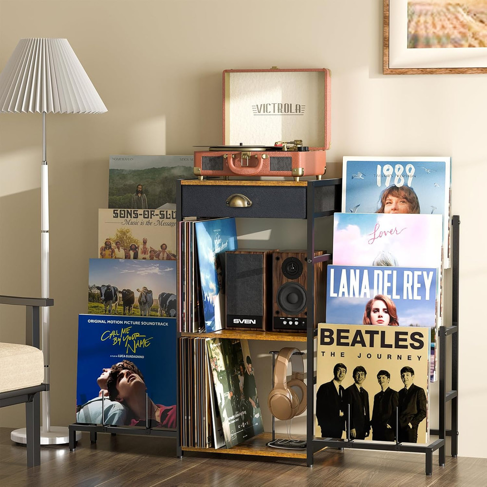 Record Player Stand with Vinyl Storage, Record Player Table with 8-Tier Display