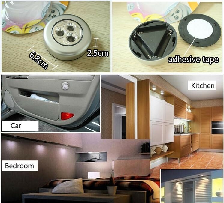 3 LED Touch Push On Off Light Self-Stick On Click Battery Operated Lights