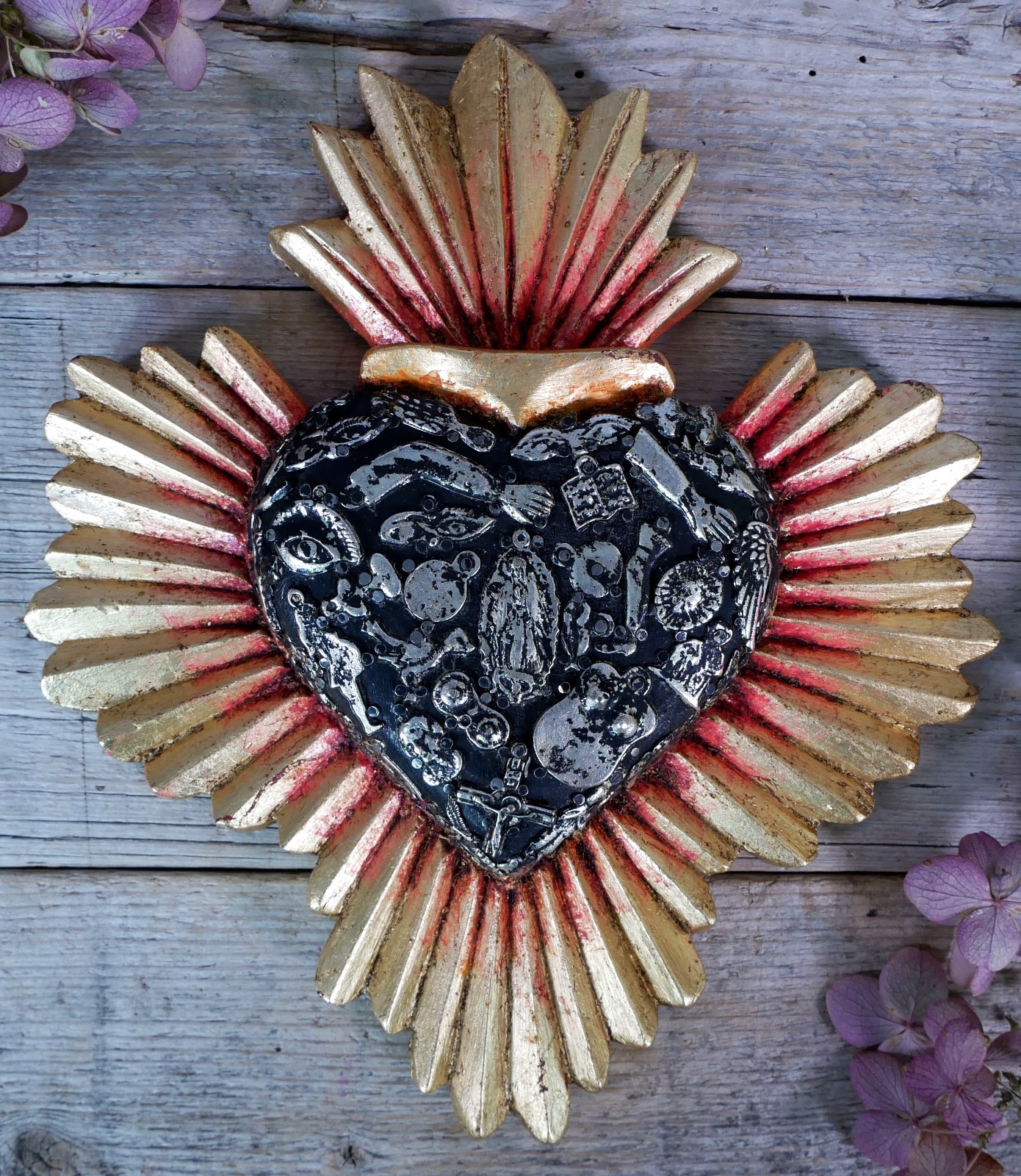 Heart Gold Starburst Milagros Guadalupe Wood Handmade Michoacan Mexican Folk Art