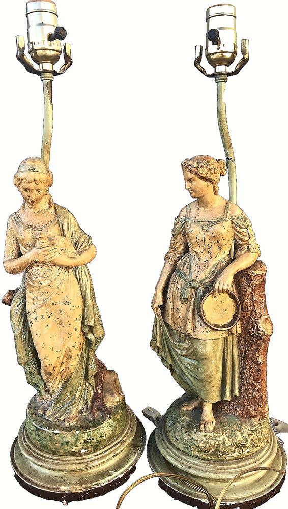 Antique Pair Lady Table Lamps Metal Painted Classical