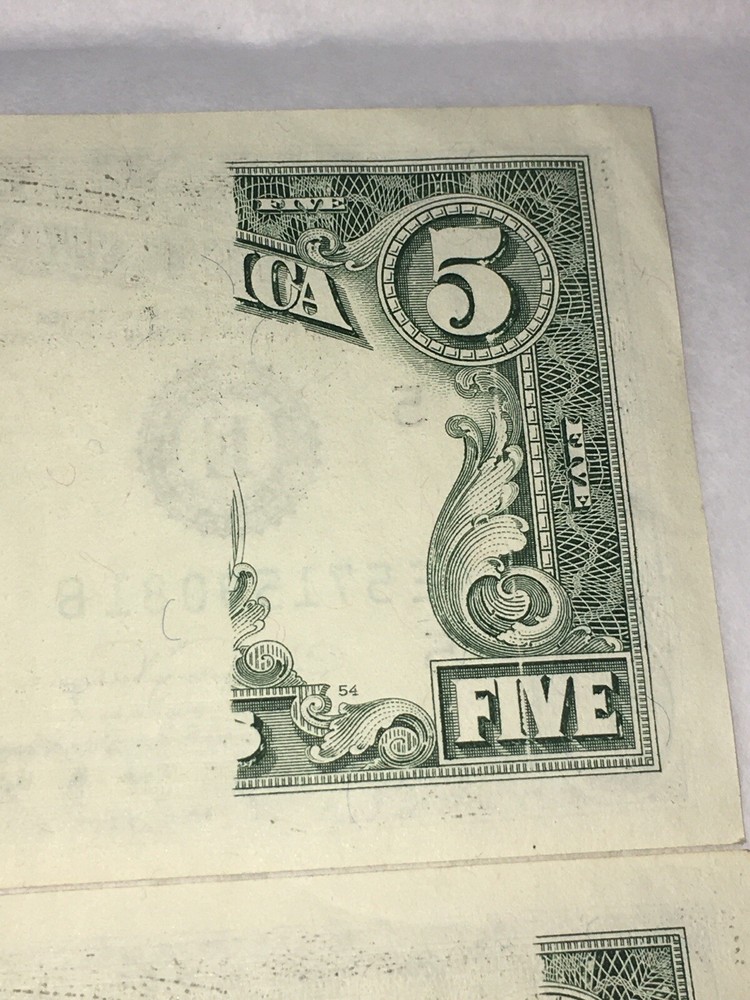 2 Consecutive 1988A $5 FRN's - Both w/ Major Obstructed Printing Error Reverse