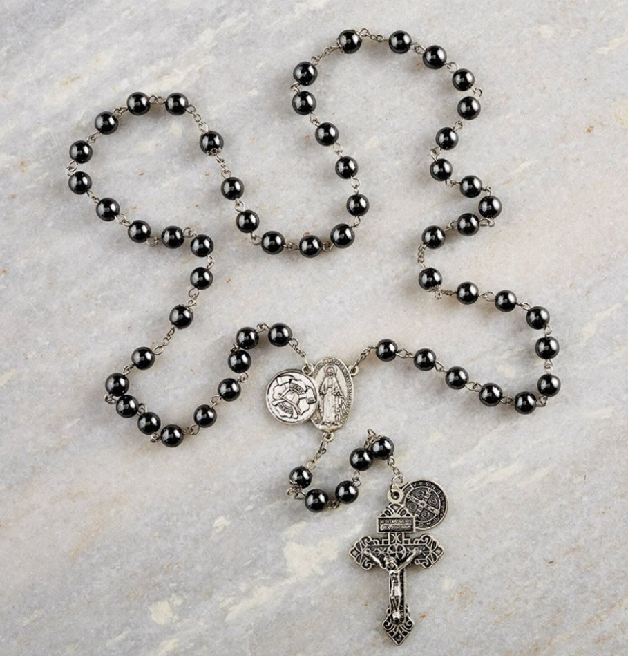 Fire Fighter Rosary St. Michael & St. Benedict 8mm Hematite Bead Catholic Men