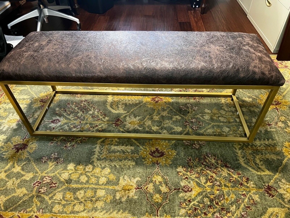 Genuine side,western tooled, rust/cocoa embossed   leather bench with Gold Base