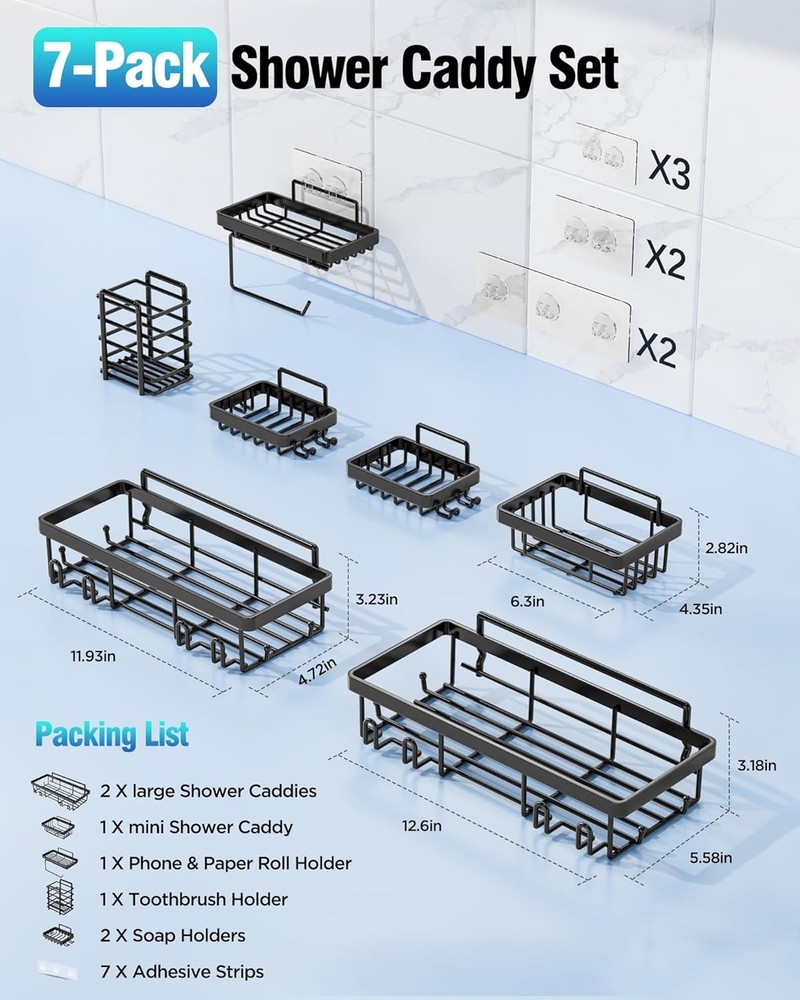 Shower Caddy 7 Pack Bathroom Shower Organizer Storage No Drilling